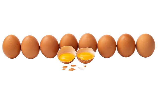 Brown chicken eggs in a row one cracked open showing yolk, isolated on transparent background