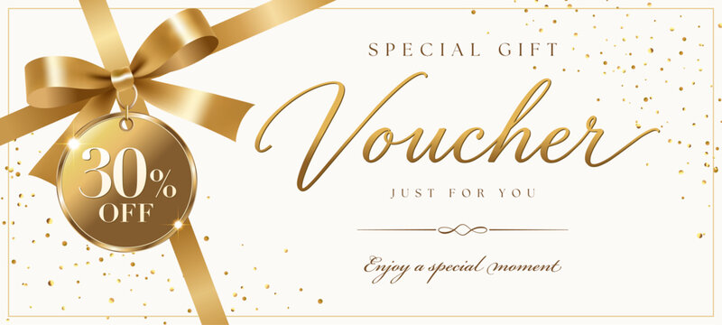 Elegant gift voucher template design with gold ribbon bow tag and 30 percent off discount coupon certificate