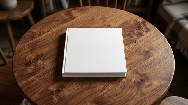 Blank white book cover on a wooden table