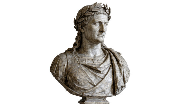 Marble bust of Roman emperor Augustus wearing laurel wreath, isolated on transparent background