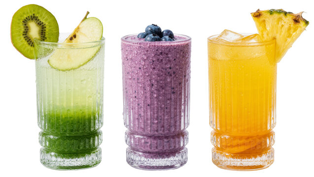 Three colorful fruit drinks with kiwi apple blueberry and pineapple garnishes, isolated on transparent background