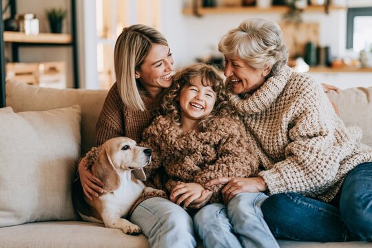Three generations of women with a cute beagle dog relaxing together on a cozy sofa at home