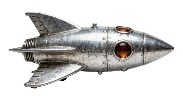 Retro silver metal rocket ship with amber glass windows, isolated on transparent background