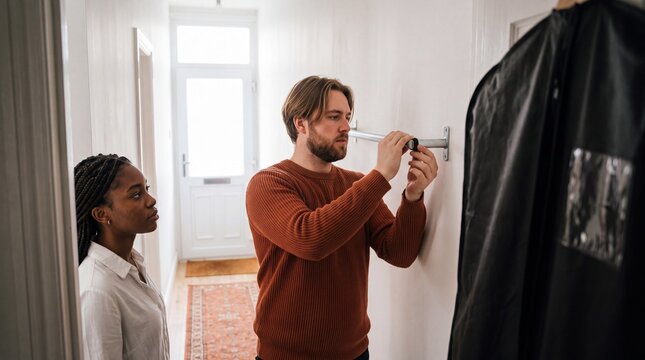 Flatmate installing a clothes rail bracket in hallway
