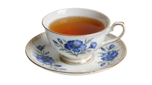 Elegant porcelain teacup with blue floral pattern and golden trim filled with amber tea, isolated on transparent background