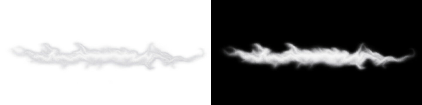 Horizontal white smoke plume border on transparent background, billowing atmospheric steam vapor mist band with soft rolling edges. Dynamic realistic fog cloud creates clean weather backdrop.