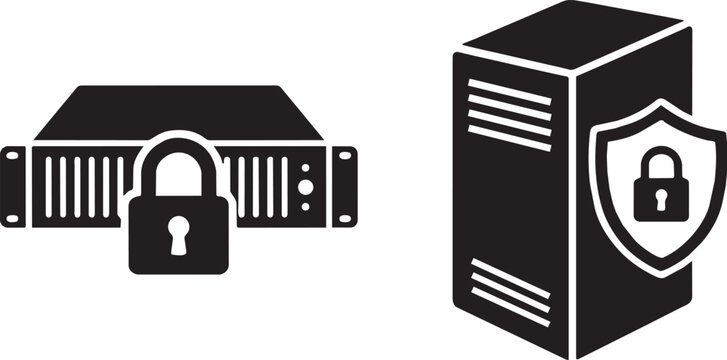 Secure server icon set, data protection computer hardware graphics, black network security symbol vector elements for IT infographics