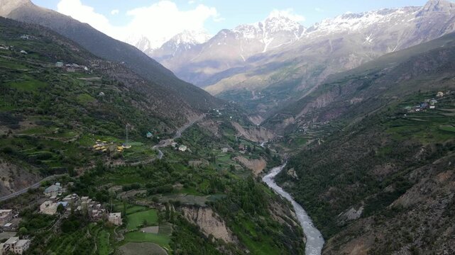Drone view of Keylong surrounded by mountains landscape in Lahaul, Himachal Pradesh