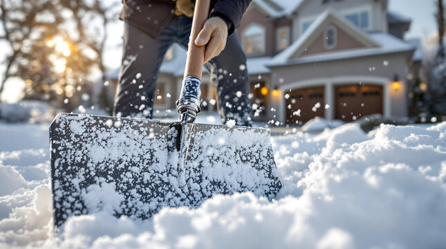 A man with a shovel clears snow near his home on a winter day