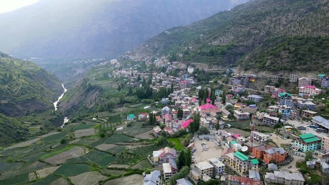 Aerial view of Keylong, a mountain town in Lahaul, Himachal Pradesh