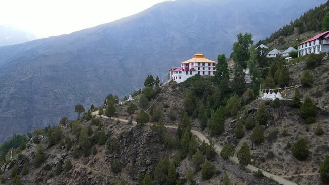 Drone view of a monastery situated in the mountains of Keylong in Lahaul, Himachal Pradesh