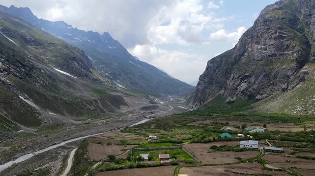 Aerial view of the scenic mountain landscape of Keylong in Lahaul, Himachal Pradesh