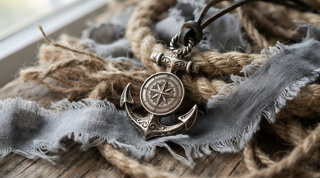 Brass compass anchor pendant resting on rustic weathered rope and fabric