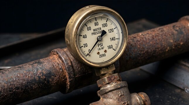 Low Water Pressure Gauge on Rusty Pipe Symbolizing Drought and Water Scarcity Crisis