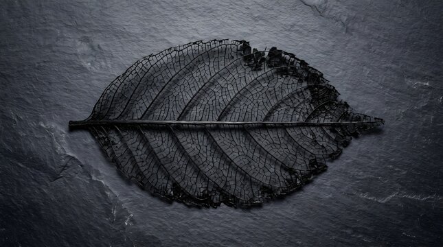 Black leaf skeleton on dark slate background texture
