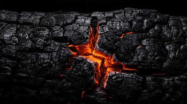 Glowing orange embers burning inside charred black wood textures background