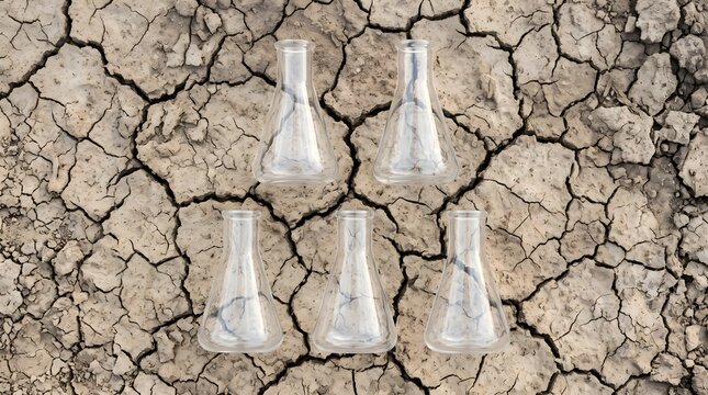 Five Empty Erlenmeyer Flasks on Dried Cracked Soil Concept
