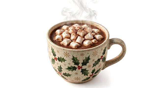 Cinematic Photo Festive Ceramic Mug Rich Hot Chocolate Melting Mini Marshmallows Cocoa Powder Wisps Steam Liquid Surface Texture Warm Soft Light Isolated Pure White Background