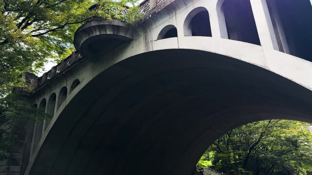 Close Low-Angle View of Otonashi Bridge Arch and Architectural Details in Tokyo