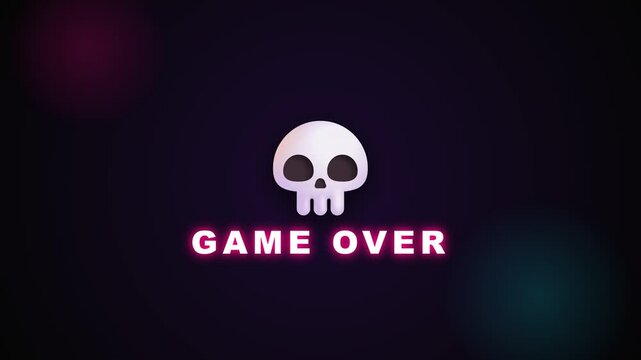 Skull graphic with game over text glowing in neon style against dark background