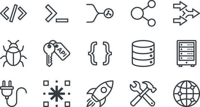 Software development and api coding line icon set featuring database server terminal command prompt git branch network nodes bug and system settings