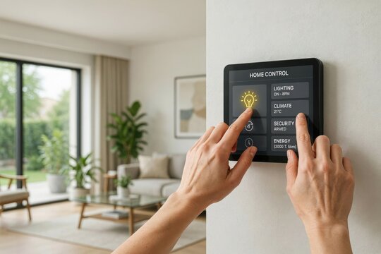Close-up of hands using a smart home automation wall panel control system in a bright living room. Ideal for modern technology and IoT concept advertisements.