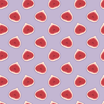 Seamless repeating pattern of stylized fig halves on a light purple background. Decorative fruity design perfect for textiles, wallpapers, packaging, and modern graphic projects