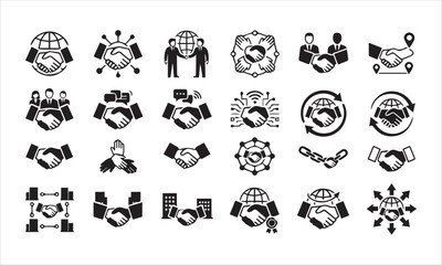 Fototapeta premium Handshake icon set with global and networking symbols for international partnership.