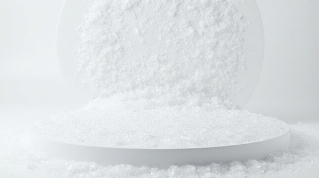Minimalist white circular product display podium covered in a layer of fresh sparkling snow against a bright white background