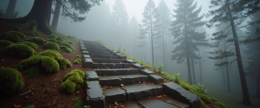 Stone staircase in forest leading into thick white fog