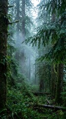 Fototapeta premium Lush green misty forest with tall evergreen pine trees.