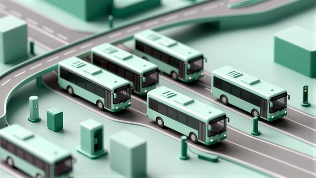 Green buses navigate a model city road with charging stations and traffic controls.