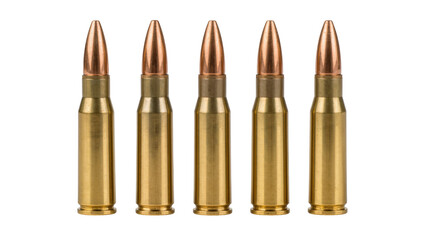 Five brass rifle cartridges with copper tips, isolated on transparent background © Benjamin