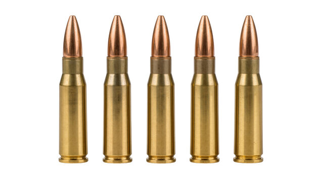 Five brass rifle cartridges with copper tips, isolated on transparent background