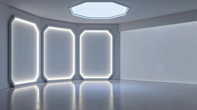 Modern minimalist white room with hexagonal ceiling light and glowing irregular windows