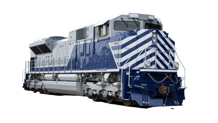 Blue and white striped diesel locomotive engine, isolated on transparent background © Benjamin