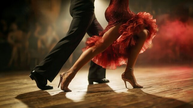 Passionate professional ballroom dancers, couple perform salsa moves on dark wooden floor wearing sophisticated red glittery dress and formal black trousers under dramatic stage spotlight lighting