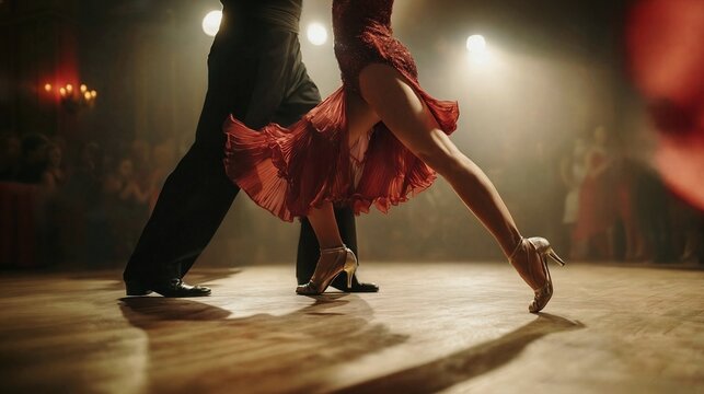 Passionate professional ballroom dancers, couple performing elegant steps in a dark moody atmosphere with warm spotlight illumination on wooden floors during a vibrant high energy dance competition