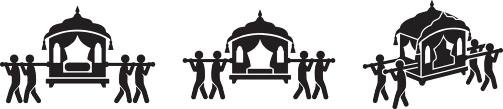 Traditional Indian palanquin vector silhouettes, black palki doli icons set, wedding ceremony royal palanquin bearers graphics