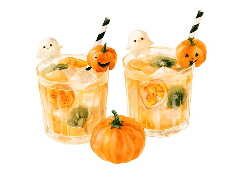 Watercolor Halloween drinks with pumpkin and ghost decorations