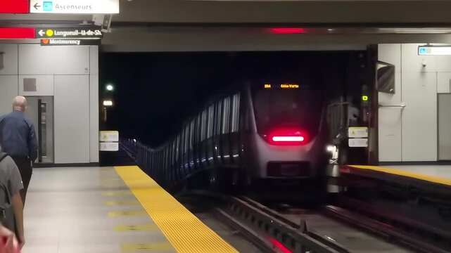Azur metro train arriving at station platform in Montreal, Quebec, Canada.