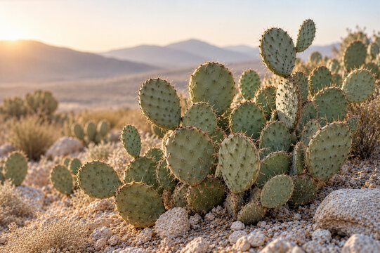 Cluster of Prickly Pear Cactus in Soft Morning Light with Desert