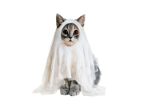Cute cat dressed as a ghost for Halloween, watercolor illustration