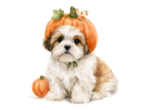 Cute watercolor shih tzu puppy wearing a pumpkin hat for autumn and halloween