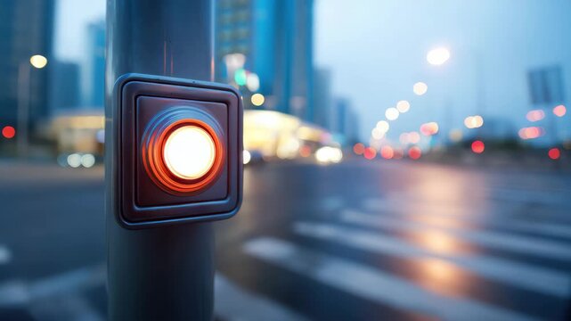 Crosswalk button displaying red light at night city street