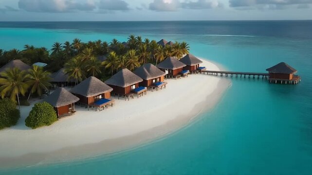 Tropical island resort with overwater bungalows and clear turquoise waters.