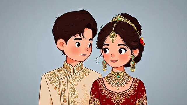 Cartoon couple in traditional wedding attire on a white background