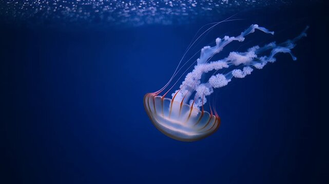 A vibrant jellyfish gracefully moves through deep blue ocean waters.