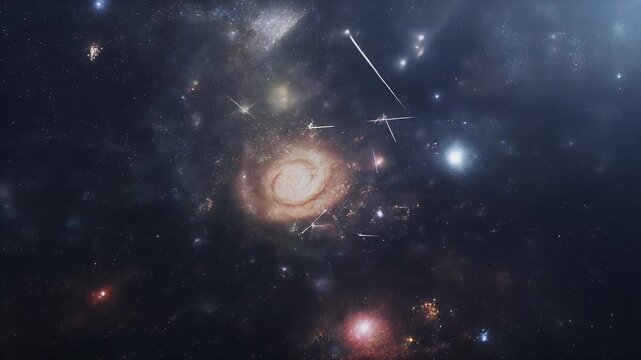 A fleet of spaceships navigates a distant galaxy.