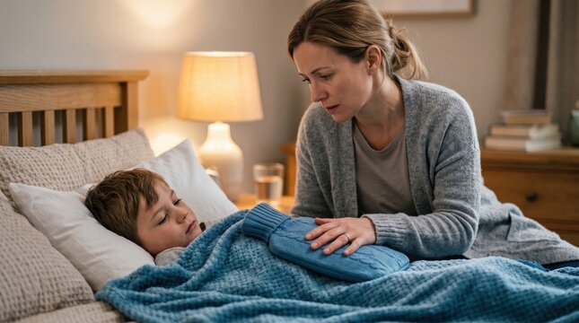 A concerned mother taking care of her sick son lying in bed with a hot water bottle. A bedroom scene conveys illness and family care.